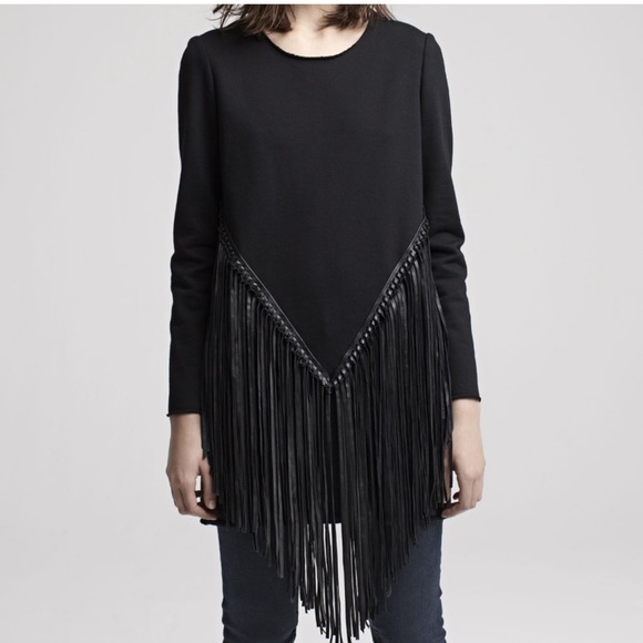 Maje Dresses & Skirts - MAJE Leather Cascading Fringe Bohemian Sweatshirt Rolled Hem Dress in Black